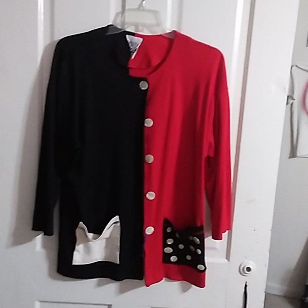 Red and black and white with big button sweater